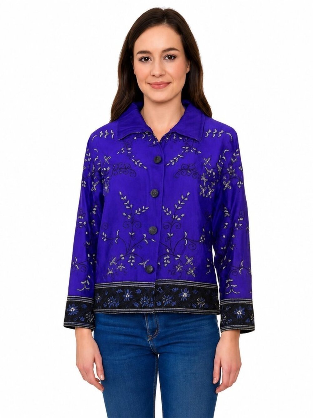 Chico's Vintage Silk Embroidered Button Front Jacket Women's